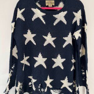Wildfox Charcoal Star Print Distressed Knit Sweater